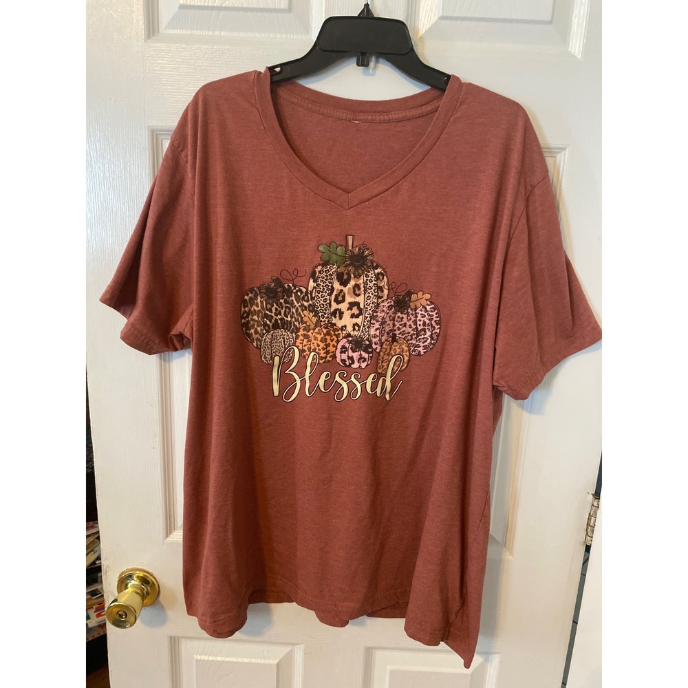 Blessed Leopard Pumpkin Graphic T-Shirt Mauve V-Neck Short Sleeve Fall Top 2X